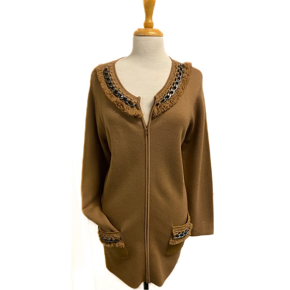 Doncaster Brown Wool Zip Front with Leather Trim